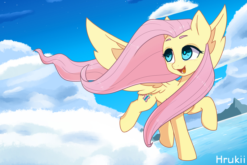 Size: 3000x2000 | Tagged: safe, artist:bunchedupletters, artist:hrukii, derpibooru import, fluttershy, pegasus, pony, cloud, cute, female, flying, head turned, high res, image, jpeg, looking away, looking up, mare, ocean, open mouth, raised hoof, shyabetes, sky, smiling, solo, spread wings, trace, two toned wings, wings