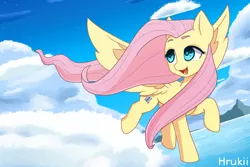 Size: 3000x2000 | Tagged: safe, artist:bunchedupletters, artist:hrukii, derpibooru import, fluttershy, pegasus, pony, cloud, cute, female, flying, head turned, high res, image, jpeg, looking away, looking up, mare, ocean, open mouth, raised hoof, shyabetes, sky, smiling, solo, spread wings, trace, two toned wings, wings