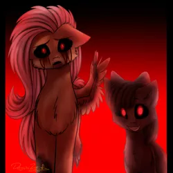 Size: 2449x2449 | Tagged: grimdark, artist:deyshi887, derpibooru import, apple bloom, fluttershy, earth pony, pegasus, pony, undead, zombie, blood, bow, creepybloom, creepypasta, crying, evil, female, filly, flutter island, hair bow, image, jpeg, looking at you, nightmare fuel, red eyes, red room, sadness, smiling, tears of blood, zalgo