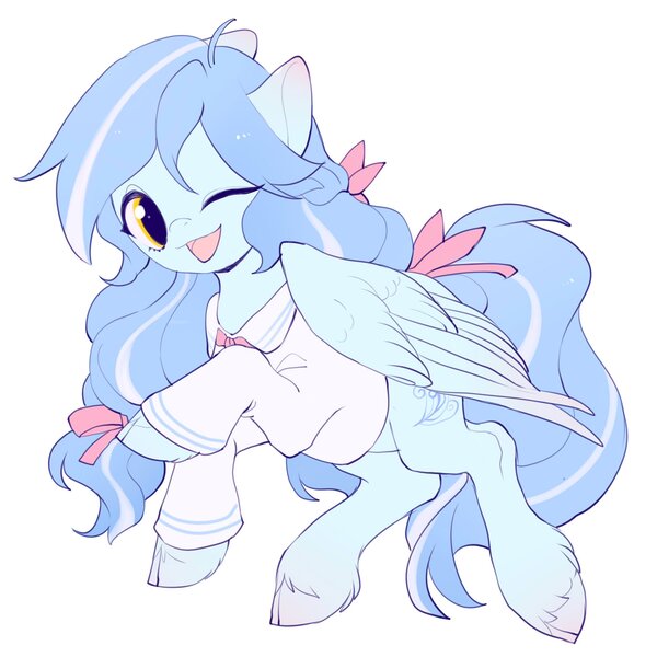 Size: 2048x2048 | Tagged: safe, artist:amo, derpibooru import, oc, unofficial characters only, pegasus, pony, clothes, image, jpeg, one eye closed, raised hoof, simple background, solo, unshorn fetlocks, white background, wink