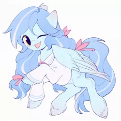 Size: 2048x2048 | Tagged: safe, artist:amo, derpibooru import, oc, unofficial characters only, pegasus, pony, clothes, image, jpeg, one eye closed, raised hoof, simple background, solo, unshorn fetlocks, white background, wink