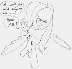 Size: 775x738 | Tagged: safe, artist:dotkwa, derpibooru import, fluttershy, pegasus, pony, bronybait, cute, female, filly, filly fluttershy, grayscale, image, monochrome, nervous, pet request, png, shyabetes, solo, weapons-grade cute, wings, younger