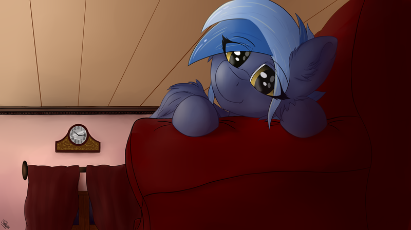 Size: 4768x2668 | Tagged: safe, artist:flapstune, derpibooru import, oc, oc:pixi feather, pegasus, pony, clock, couch, curtains, cute, female, fluffy, image, looking at you, lying down, mare, pegasus oc, png, signature, smiling, solo, two toned mane, window, wings