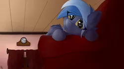 Size: 4768x2668 | Tagged: safe, artist:flapstune, derpibooru import, oc, oc:pixi feather, pegasus, pony, clock, couch, curtains, cute, female, fluffy, image, looking at you, lying down, mare, pegasus oc, png, signature, smiling, solo, two toned mane, window, wings