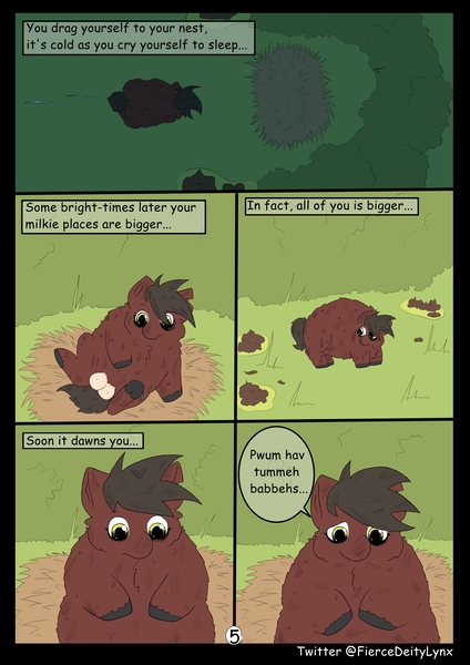 Size: 2480x3508 | Tagged: safe, artist:fiercedeitylynx, derpibooru import, oc, oc:plum, fluffy pony, comic:a loving mother, comic, crotchboobs, feral fluffy pony, image, jpeg, nudity, poop