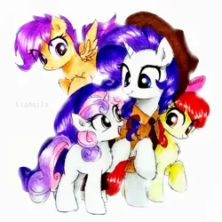 Size: 2322x2322 | Tagged: safe, artist:liaaqila, derpibooru import, apple bloom, rarity, scootaloo, sweetie belle, earth pony, pegasus, pony, unicorn, apple bloom's bow, bow, clothes, commission, cowboy hat, cutie mark crusaders, fanfic art, female, filly, flying, hair bow, hat, image, jeans, jpeg, mare, necktie, open mouth, pants, police, police officer, police uniform, raised hoof, raricop, scootaloo can fly, sheriff, shirt, simple background, traditional art, white background