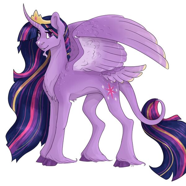 Size: 1280x1280 | Tagged: safe, artist:periwinklechick, derpibooru import, princess twilight 2.0, twilight sparkle, twilight sparkle (alicorn), alicorn, classical unicorn, pony, unicorn, the last problem, cloven hooves, crown, facial hair, female, goatee, image, jewelry, jpeg, leonine tail, mare, regalia, simple background, solo, tail feathers, unshorn fetlocks, white background, wing claws