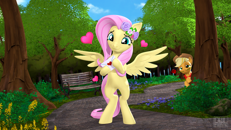 Size: 3840x2160 | Tagged: safe, artist:owlpirate, derpibooru import, applejack, fluttershy, earth pony, pegasus, pony, 3d, applejack's hat, appleshy, bench, bipedal, cowboy hat, cute, female, floating heart, flower, flower in hair, flower in mouth, hat, heart, image, jackabetes, lesbian, love letter, mare, mouth hold, png, rose, rose in mouth, shipping, shyabetes, spread wings, tree, wings