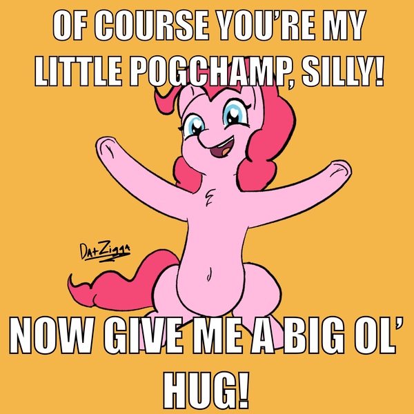 Size: 2048x2048 | Tagged: safe, artist:datzigga, derpibooru import, pinkie pie, earth pony, pony, hug request, image, impact font, jpeg, meme, my little pogchamp, open arms, pogchamp, poggers, solo