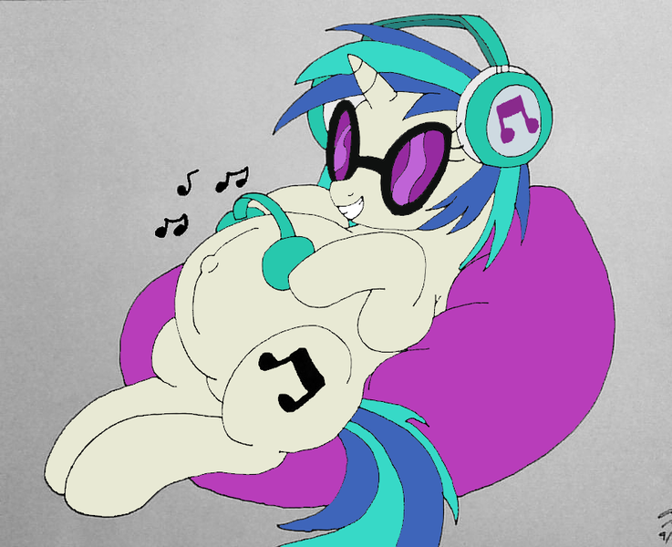 Size: 884x720 | Tagged: safe, artist:mj455, derpibooru import, vinyl scratch, pony, unicorn, bean bag chair, belly, belly button, big belly, female, grin, headphones, image, mare, music notes, outie belly button, png, pregnant, simple background, smiling, solo, sunglasses