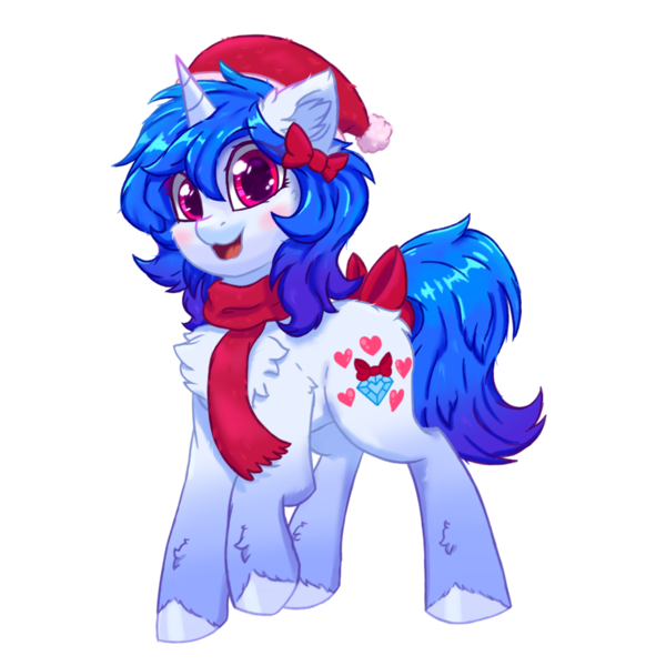 Size: 1200x1200 | Tagged: safe, artist:gempainter32, derpibooru import, oc, oc:diamond nella, unofficial characters only, pony, unicorn, derpibooru community collaboration, 2021 community collab, blue mane, bow, cheek fluff, chest fluff, christmas, clothes, cute, cutie mark, diamond, ear fluff, eye clipping through hair, female, gradient hooves, gradient mane, hat, heart, holiday, hoof fluff, ibispaint x, image, looking at you, magenta eyes, mare, open mouth, png, raised hoof, santa hat, scarf, simple background, solo, tail bow, transparent background