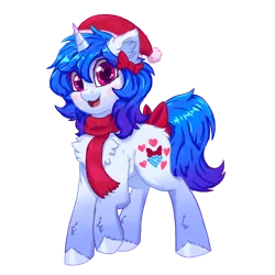 Size: 1200x1200 | Tagged: safe, artist:gempainter32, derpibooru import, oc, oc:diamond nella, unofficial characters only, pony, unicorn, derpibooru community collaboration, 2021 community collab, blue mane, bow, cheek fluff, chest fluff, christmas, clothes, cute, cutie mark, diamond, ear fluff, eye clipping through hair, female, gradient hooves, gradient mane, hat, heart, holiday, hoof fluff, ibispaint x, image, looking at you, magenta eyes, mare, open mouth, png, raised hoof, santa hat, scarf, simple background, solo, tail bow, transparent background
