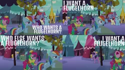 Size: 2000x1125 | Tagged: safe, derpibooru import, edit, edited screencap, editor:quoterific, screencap, amber waves, fleur de verre, night knight, pinkie pie, rainbow dash, twilight sparkle, earth pony, pegasus, pony, unicorn, the crystal empire, eyes closed, flugelhorn, image, nose in the air, open mouth, png, thinking, unicorn twilight, walking, yelling