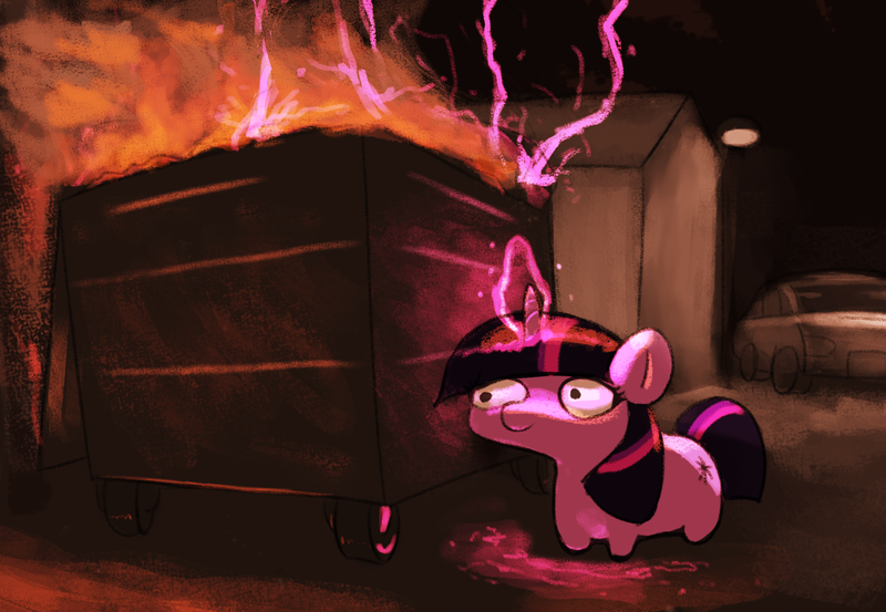Size: 1815x1254 | Tagged: safe, derpibooru import, twilight sparkle, pony, unicorn, dumpster fire, female, fire, glow, glowing horn, horn, image, lightning, magic, mare, png, smiling, solo, trash can, twiggie, unicorn twilight, wide eyes
