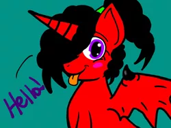 Size: 2048x1536 | Tagged: safe, artist:artmama113, derpibooru import, oc, oc:yaoilover, unofficial characters only, alicorn, bat pony, bat pony alicorn, pony, :p, bat pony oc, bat wings, blue background, blushing, bust, female, hair over one eye, horn, image, jpeg, mare, simple background, solo, tongue out, wings