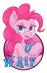 Size: 825x1275 | Tagged: safe, artist:hobbes-maxwell, derpibooru import, pinkie pie, earth pony, pony, badge, fourth wall, heart eyes, image, jpeg, open mouth, pinkie being pinkie, simple background, smiling, solo, waifu, waifu badge, white background, wingding eyes