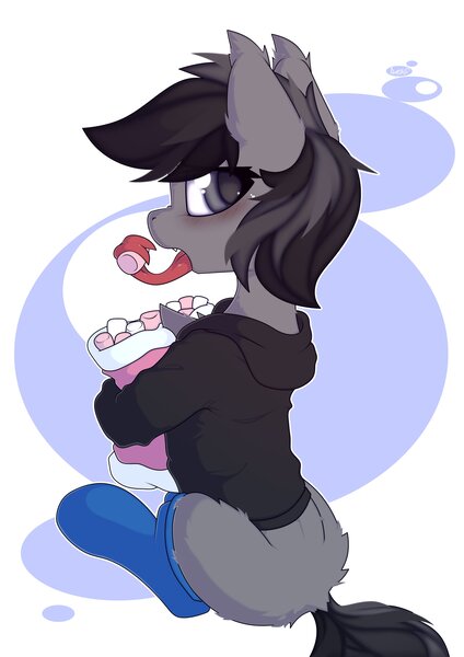 Size: 2896x4096 | Tagged: safe, artist:avery-valentine, derpibooru import, oc, oc:grey matter, unofficial characters only, pony, clothes, food, forked tongue, hoodie, image, jpeg, long tongue, looking back, marshmallow, prehensile tongue, socks, solo, tongue out