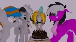 Size: 1920x1080 | Tagged: safe, artist:dianetgx, derpibooru import, oc, oc:axle bright, oc:diane tgx, oc:silvia cascadia, oc:splendid sophia, unofficial characters only, 3d, birthday, birthday cake, cake, candle, food, glasses, happy, hat, image, party hat, png, sfm pony, simple background, source filmmaker
