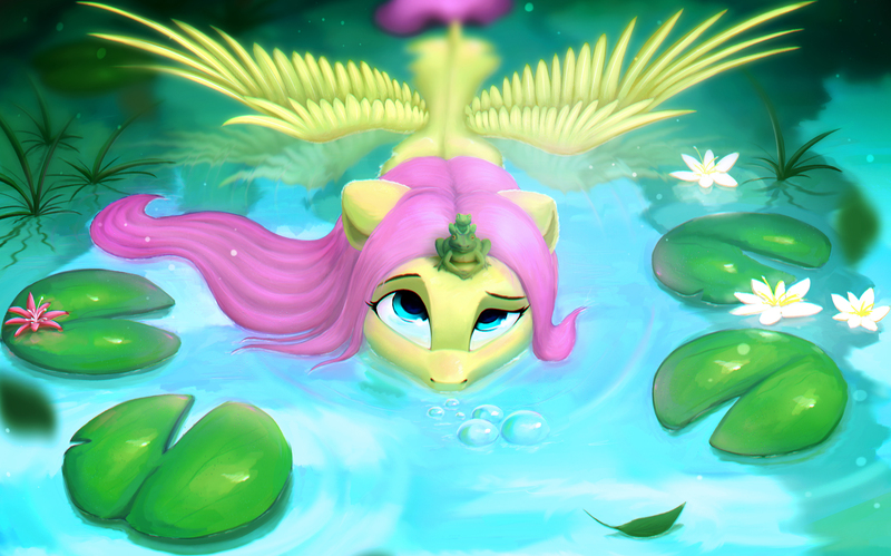 Size: 2939x1833 | Tagged: safe, artist:itssim, derpibooru import, fluttershy, frog, pegasus, pony, bubble, cute, female, image, in water, jpeg, lilypad, looking up, mare, shyabetes, sitting on head, solo, spread wings, swamp, water, waterlily, wet, wet mane, wings