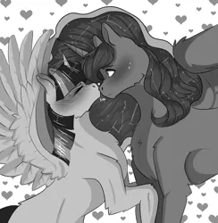 Size: 1512x1550 | Tagged: safe, artist:reikoku-huntress, derpibooru import, princess luna, twilight sparkle, alicorn, pony, black and white, blushing, constellation, cute, doujin, ethereal mane, female, floating heart, gray background, grayscale, heart, image, kissing, lesbian, lunabetes, manga, mare, monochrome, nose kiss, png, shipping, shy, simple background, smol, spread wings, starry mane, tall, twiabetes, twiluna, wings