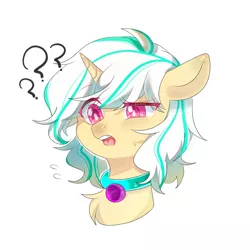 Size: 1500x1500 | Tagged: artist needed, source needed, safe, derpibooru import, oc, oc:anna karenna, unofficial characters only, pony, unicorn, bust, chest fluff, collar, confusion, cute, gem, image, jpeg, question mark, simple background, solo, white background