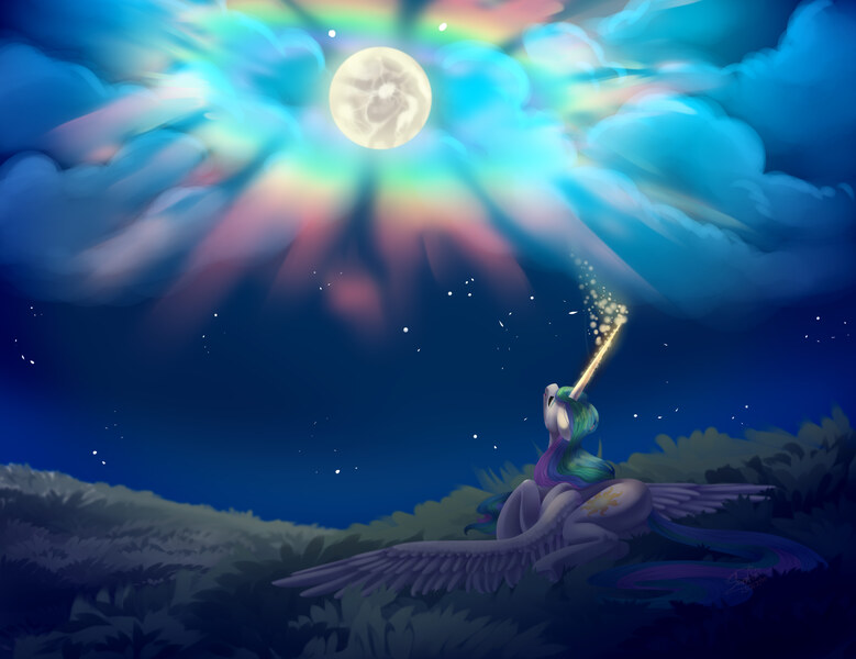 Size: 6540x5040 | Tagged: safe, artist:dinkydoolove, derpibooru import, princess celestia, banishment, cloud, crying, field, full moon, glowing horn, horn, image, jpeg, lying down, mare in the moon, moon, night, prone, sad, sky, solo, spread wings, stars, wings