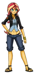 Size: 1408x3000 | Tagged: safe, artist:artemis-polara, derpibooru import, sunset shimmer, human, equestria girls, alternate design, belly button, black footwear, bracelet, clothes, confident, feet, female, geode of empathy, hand on hip, heroine, image, jacket, jewelry, magical geodes, no socks, panties, png, sandals, shiny skin, shorts, simple background, smiling, solo, solo female, teal eyes, thong, toes, tomboy, transparent background, two toned hair, underwear, yellow skin