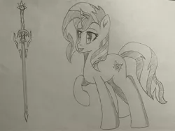 Size: 4032x3024 | Tagged: safe, artist:artevi, derpibooru import, sunset shimmer, pony, unicorn, equestria girls, female, image, jpeg, solo, sword, traditional art, weapon