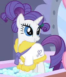 Size: 1220x1431 | Tagged: safe, derpibooru import, screencap, rarity, pony, unicorn, green isn't your color, bath, bathrobe, clothes, cropped, cute, female, hair up, image, mare, png, ponytail, ponyville spa, raribetes, robe, solo, spa