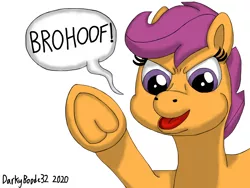 Size: 2048x1536 | Tagged: safe, artist:darkyboode32, derpibooru import, scootaloo, pegasus, pony, bronybait, bust, derpibooru exclusive, determined, female, filly, frog (hoof), hoofbump, image, looking at you, open mouth, png, simple background, solo, speech bubble, talking to viewer, text, traditional art, underhoof, white background