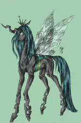 Size: 1024x1542 | Tagged: safe, artist:just-rat, derpibooru import, queen chrysalis, changeling, changeling queen, female, green background, image, jpeg, simple background, solo