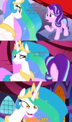 Size: 800x1350 | Tagged: safe, artist:knightoftheraven, derpibooru import, edit, edited screencap, editor:knightoftheraven, screencap, daybreaker, princess celestia, starlight glimmer, alicorn, pony, unicorn, 3 panel comic, canterlot castle, colored, comic, dialogue, duo, english, evil grin, fangs, female, flat colors, glowing eyes, grin, image, inkscape, jewelry, mare, png, raised hoof, regalia, screencap comic, show accurate, smiling, standing, vector, worried