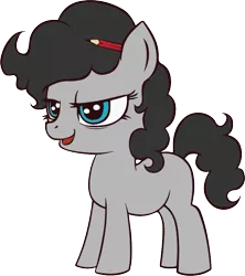 Size: 749x844 | Tagged: safe, anonymous artist, artist:saby, derpibooru import, oc, oc:silver tongue, unofficial characters only, earth pony, pony, /mlp/ weekly pony collab, curly mane, female, filly, image, pencil behind ear, png, simple background, smiling, smirk, solo, standing, transparent background