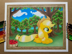 Size: 4032x3024 | Tagged: safe, artist:maximustimaeus, derpibooru import, applejack, pony, apple, applejack's hat, basket, bushel basket, cloud, colored pencil drawing, cowboy hat, female, food, hair tie, happy, hat, hooves, image, jpeg, solo, traditional art, tree, tree branch