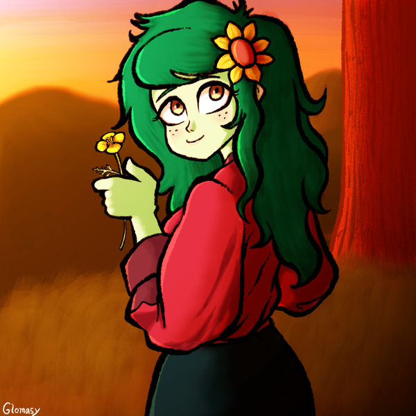 Size: 2240x2240 | Tagged: safe, artist:glomasy, derpibooru import, wallflower blush, equestria girls, equestria girls series, spoiler:eqg series (season 2), blushing, cute, evening, female, flower, flower in hair, flowerbetes, image, looking at you, png, smiling, wallflower and plants