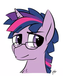 Size: 1250x1500 | Tagged: safe, artist:fakskis, derpibooru import, twilight sparkle, pony, unicorn, bust, chest fluff, dusk shine, eyebrows visible through hair, glasses, horn, image, looking at you, male, png, rule 63, simple background, smiling, solo, stallion, white background
