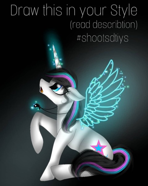 Size: 1080x1350 | Tagged: safe, artist:rxndxm.artist, derpibooru import, oc, oc:shooting star, unofficial characters only, pony, artificial wings, augmented, female, glowing horn, horn, image, jewelry, jpeg, looking up, magic, magic wings, mare, misspelling, necklace, open mouth, raised hoof, sitting, solo, wings