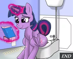 Size: 1804x1451 | Tagged: safe, artist:mrchaosthecunningwlf, artist:ponyvillechaos577, derpibooru import, twilight sparkle, twilight sparkle (alicorn), alicorn, pony, bathroom, bathroom stall, bibliophile, bibliophilia, book, but why, butt, comic, comic strip, cropped, dock, female, fetish, folded wings, glowing horn, horn, image, implied pissing, magic, mare, peegasm, pissing, png, potty time, raised tail, reading, relief, relieved, restroom, sitting on toilet, smiling, solo, tail, telekinesis, toilet, toilet paper, urine, watersports, wings