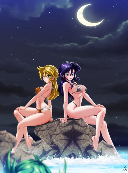 Size: 2182x2939 | Tagged: suggestive, artist:mauroz, derpibooru import, part of a set, applejack, rarity, spike, human, anime, breasts, busty applejack, busty rarity, clothes, crescent moon, erect nipples, humanized, image, midnight, moon, night, nipple outline, nudity, offscreen character, png, rock, sitting, swimsuit, water