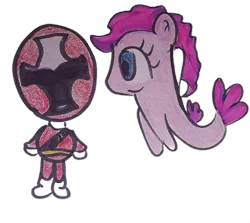 Size: 529x472 | Tagged: safe, artist:dex stewart, derpibooru import, pinkie pie, earth pony, human, pony, seapony (g4), brody, image, png, power rangers, power rangers ninja steel, red ranger, seaponified, seapony pinkie pie, shuriken sentai ninninger, simple background, species swap, strong bad, strongbad, traditional art
