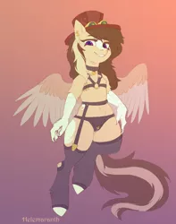 Size: 2364x3000 | Tagged: suggestive, artist:helemaranth, derpibooru import, oc, oc:buttercream scotch, unofficial characters only, hippogriff, semi-anthro, claws, clothes, collar, hat, hockless socks, hoofless socks, image, jpeg, lingerie, panties, smiling at you, socks, solo, thigh highs, underwear