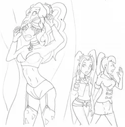 Size: 1263x1280 | Tagged: safe, artist:vytz, derpibooru import, adagio dazzle, aria blaze, sonata dusk, sunset shimmer, equestria girls, calling, clothes, costume, disguise, disguised siren, image, jpeg, mask, masking, skinsuit disguise, traditional art, undercover