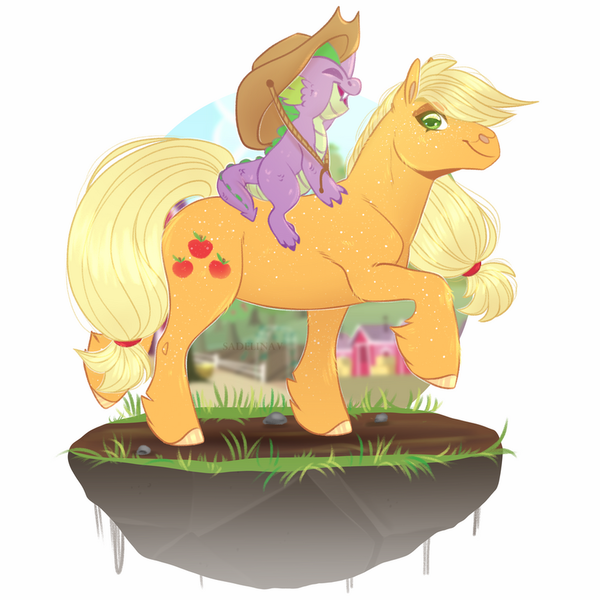 Size: 900x900 | Tagged: safe, artist:sadelinav, derpibooru import, applejack, spike, dragon, pony, accessory swap, dragons riding ponies, hat, image, png, riding, spike riding applejack