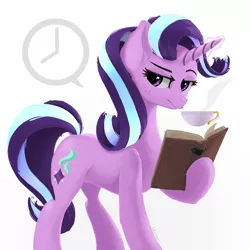 Size: 2048x2048 | Tagged: safe, artist:qzygugu, derpibooru import, starlight glimmer, pony, unicorn, book, cup, high res, image, levitation, looking away, magic, png, simple background, solo, teacup, telekinesis, white background, wrong eye color