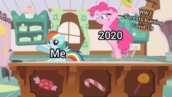 Size: 1280x720 | Tagged: safe, artist:misterdavey, derpibooru import, edit, pinkie pie, rainbow dash, earth pony, pegasus, pony, cupcakes hd, fanfic:cupcakes, 2020, 2020 hate, caption, coronavirus, covid-19, female, hammer, image, jpeg, mare, meme, this didn't age well, this will end in pain, this will not end well, world war iii