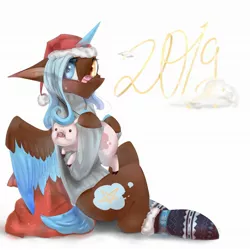 Size: 2160x2160 | Tagged: safe, artist:ellis_sunset, derpibooru import, oc, unofficial characters only, alicorn, pig, pony, alicorn oc, bandaid, christmas, clothes, freckles, happy new year 2019, hat, heterochromia, holiday, horn, image, jpeg, santa hat, santa sack, simple background, sitting, socks, two toned wings, white background, wings