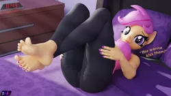 Size: 3840x2160 | Tagged: suggestive, artist:shadowboltsfm, derpibooru import, scootaloo, anthro, plantigrade anthro, 3d, 4k, barefoot, bed, bedroom, blender, breasts, busty scootaloo, clothes, cute, dialogue, eyelashes, feet, fetish, foot fetish, image, leggings, legs in air, looking at you, nail polish, not sfm, older, older scootaloo, png, smiling, soles, sun ray, toenail polish, toes, wiggling toes