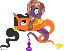 Size: 4964x4000 | Tagged: safe, artist:parclytaxel, derpibooru import, oc, oc:amani, oc:zirithustra, unofficial characters only, genie, genie pony, pony, unicorn, .svg available, absurd resolution, bottle, bracelet, bridle, collar, dancing, ear piercing, earring, female, floating, holding a pony, horn, horn ring, image, jewelry, lying down, mare, monthly reward, neck rings, on back, piercing, png, ponytail, ring, saddle, simple background, smiling, tack, transparent background, vector, wrist cuffs