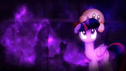 Size: 1920x1080 | Tagged: safe, artist:mamandil, derpibooru import, twilight sparkle, twilight sparkle (alicorn), alicorn, pony, crossover, galaxy, hug, image, kirby, kirby (character), looking up, night, pillars of creation, png, space, wallpaper