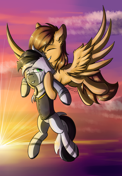 Size: 1275x1833 | Tagged: safe, artist:yuris, derpibooru import, oc, oc:sharpwing, unofficial characters only, earth pony, pegasus, pony, zebra, image, png, sunset, zebra oc